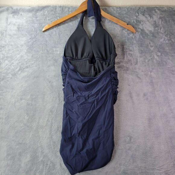 J.Crew Womens 8 Navy Halter‎ One Piece Swimsuit Ruched Front Style B6757 Made in - Picture 7 of 9